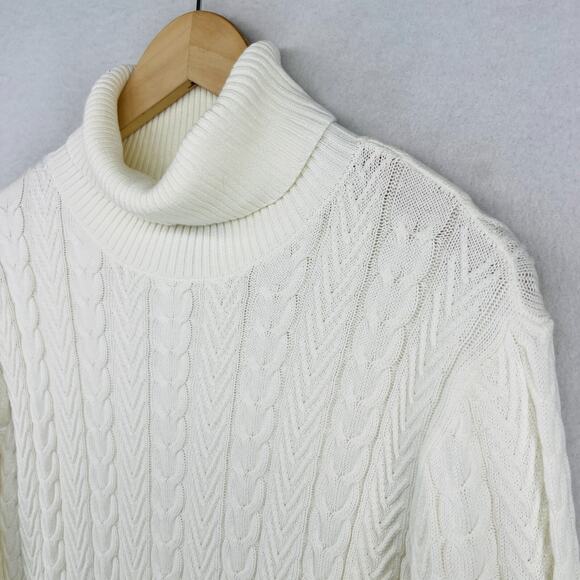 LANDS END Sweater Womens L 14-16 Turtleneck Cable Knit Pullover Cotton Off White - Picture 1 of 16